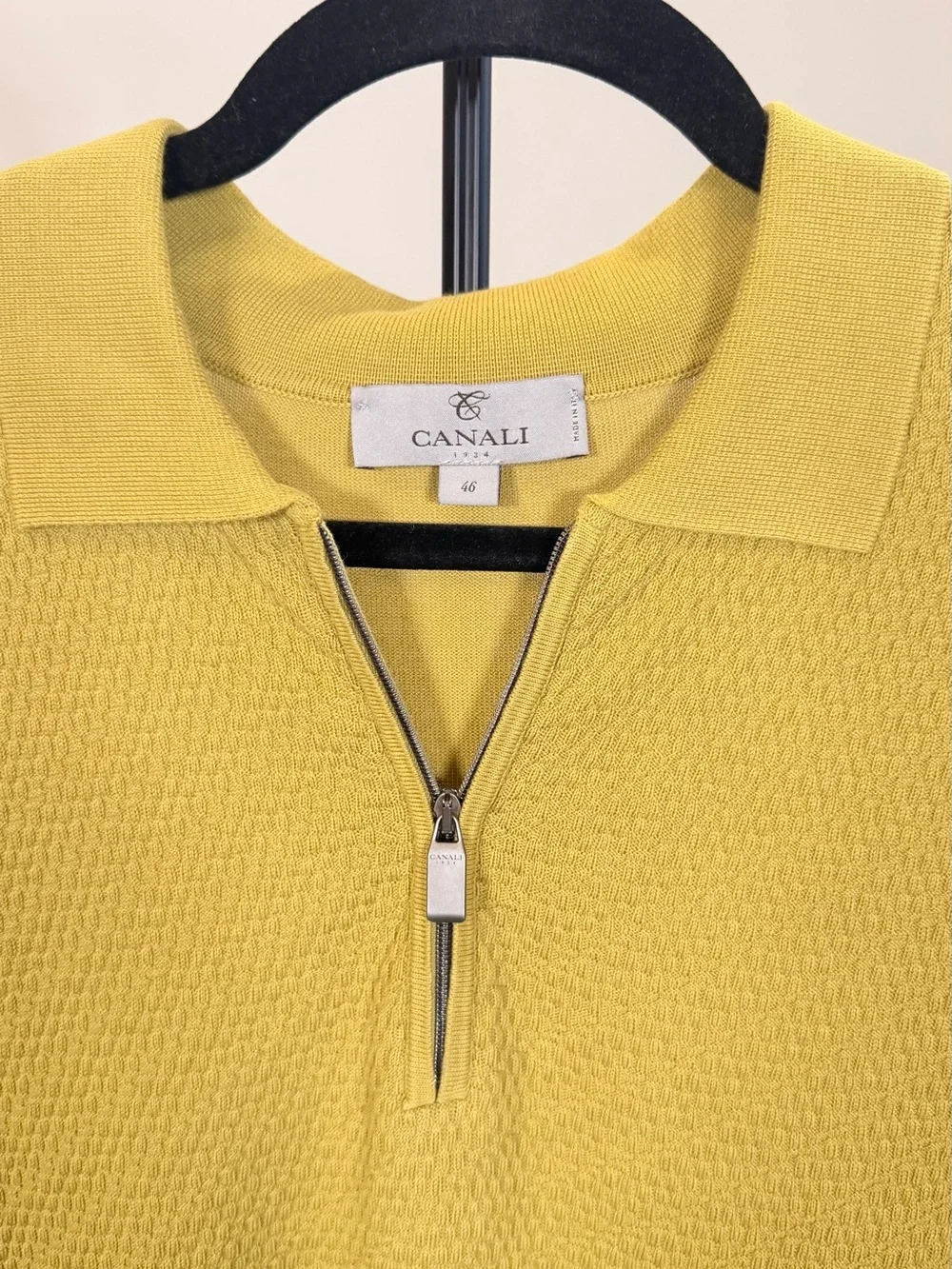 Authentic Canali 1934 Textured Knit Zip Polo Shirt – Yellow/Olive – small